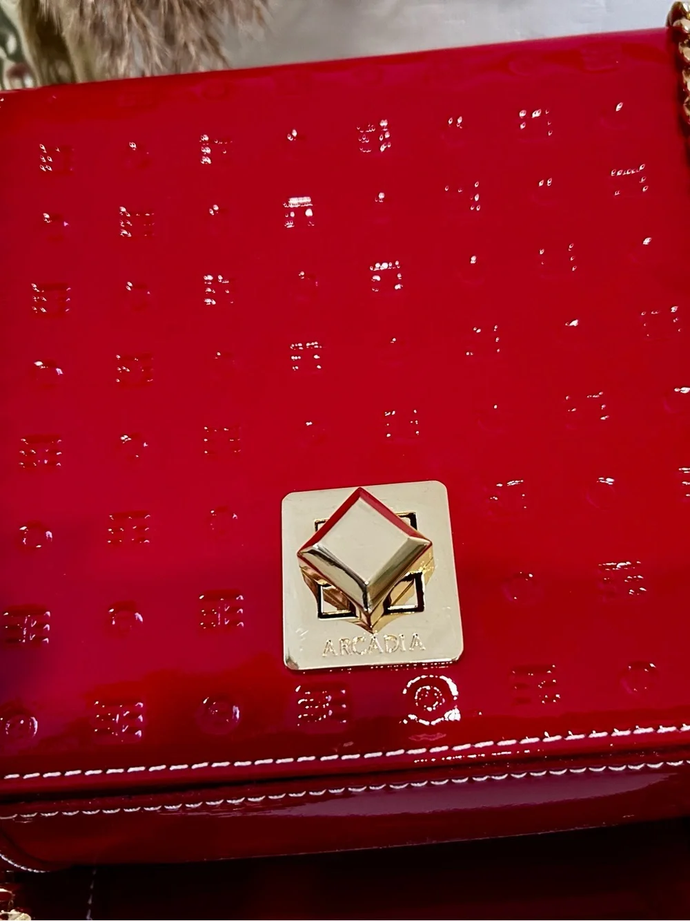 Arcadia bag Red Patent Leather Chain Shoulder Bag with Gold Hardware